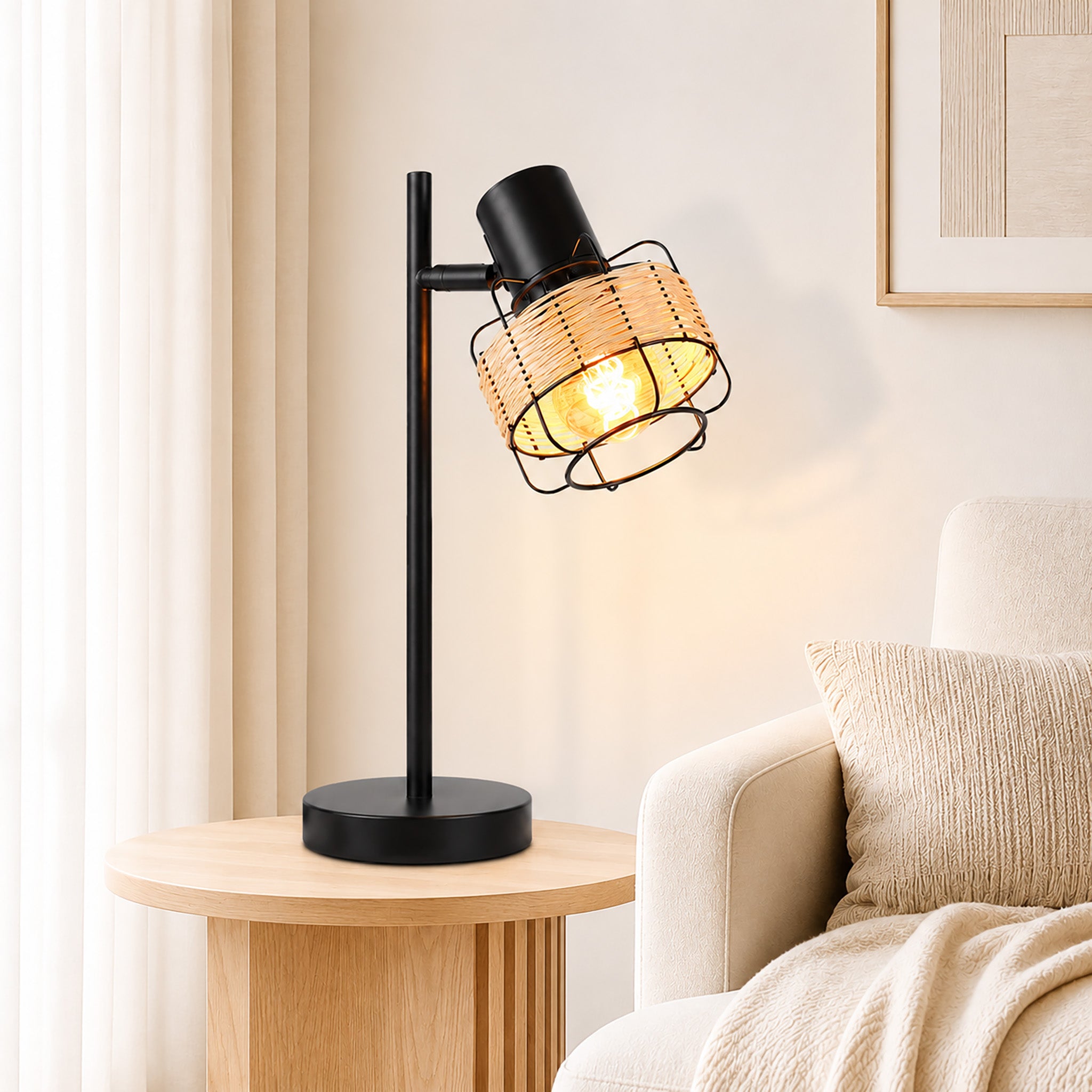 Homefire Tischlampe Vintage Landhaus Tischleuchte - Rattan Nachttischlampe Retro Schwarz Rustikal aus Bambus Metall mit Schalter E27 Boho in Natur Schwenkbar 120° für Wohnzimmer Schlafzimmer