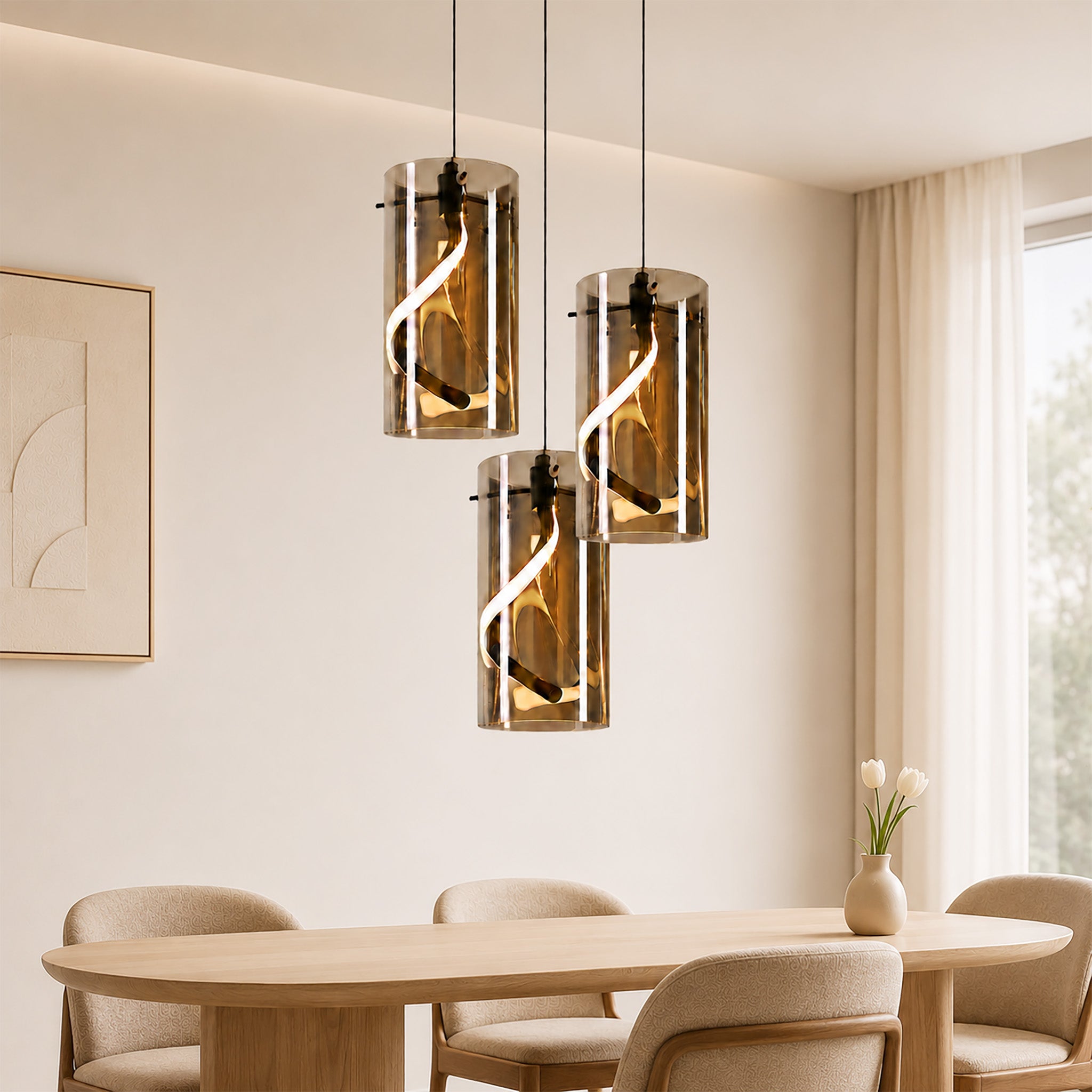 LED Pendelleuchte Esstisch Hängelampe Vintage - Hängeleuchte Glas 3 Flammig 33W Rund Rauchgrau Pendellampe Retro Hängend Esstischlampe Höhenverstellbar 3000K Flurlampe für Esszimmer Küche