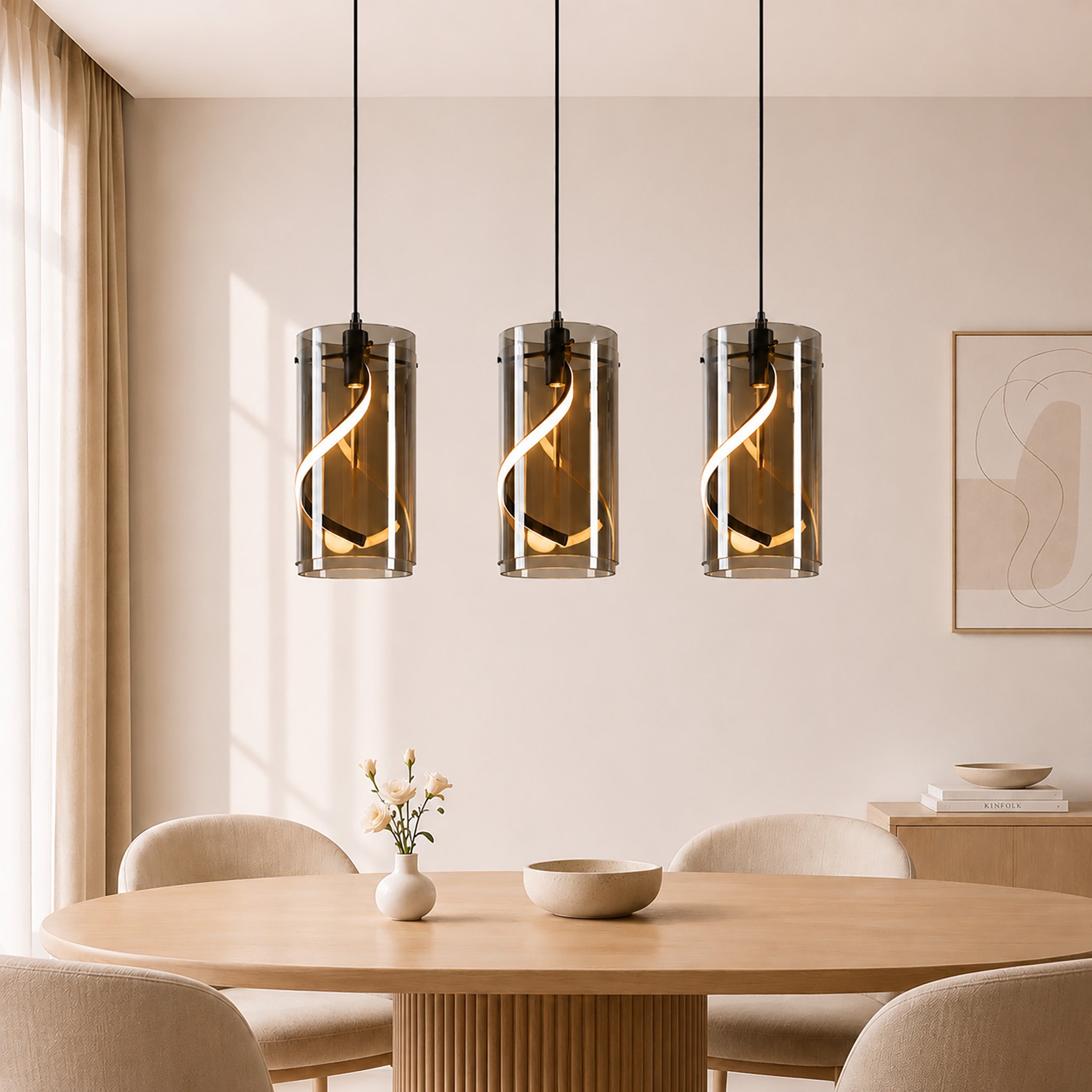 LED Pendelleuchte Esstisch Hängelampe Vintage - Hängeleuchte Glas 3 Flammig 33W Retro Hängend Esstischlampe Rauchgrau Pendellampe Höhenverstellbar 3000K Küchenlampe für Wohnzimmer Esszimmer