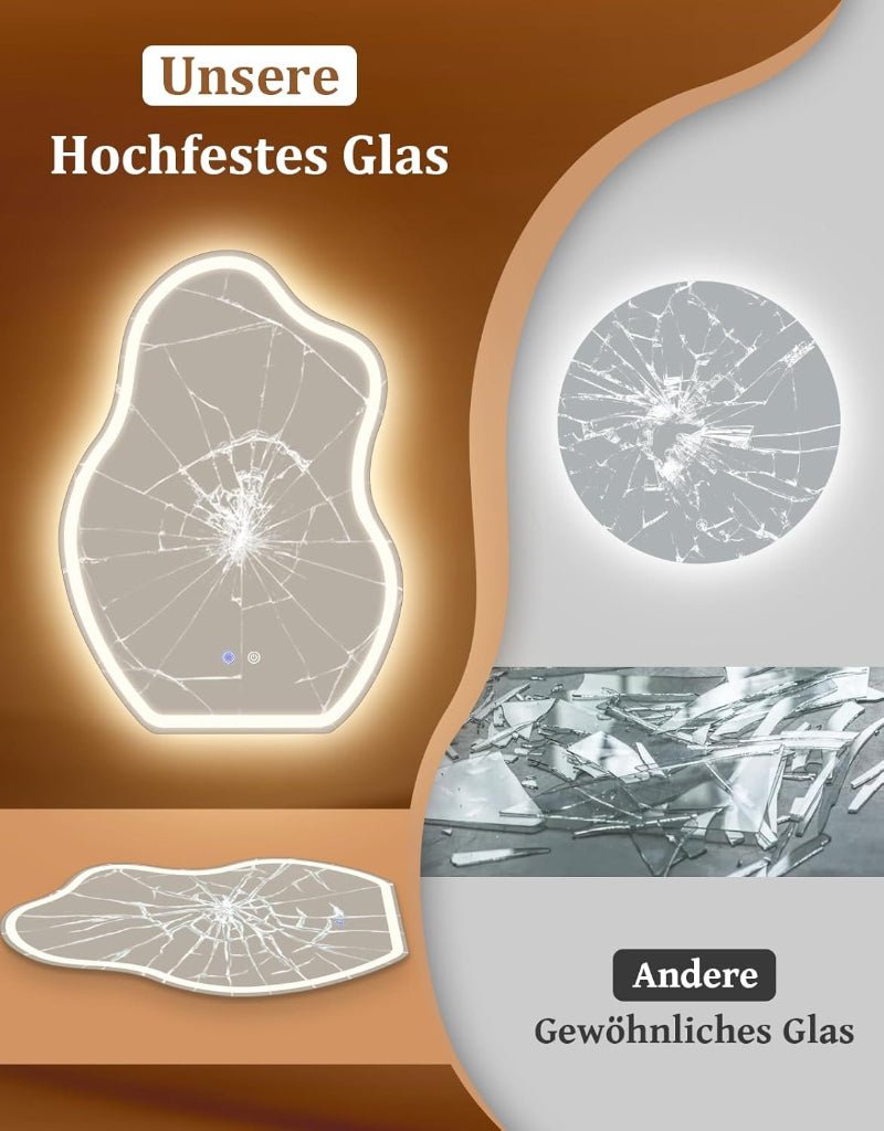 Asymmetrisch Badspiegel Mit Beleuchtung,LED Bad Wand Spiegel Badezimmer Wandspiegel Mit Licht, IP44 50x70 cm Asymmetrischer Organischer Groß Gäste WC Badezimmerspiegel Mit Beleuchtet - Homefire