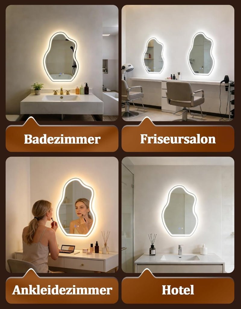 Asymmetrisch Badspiegel Mit Beleuchtung,LED Bad Wand Spiegel Badezimmer Wandspiegel Mit Licht, IP44 50x70 cm Asymmetrischer Organischer Groß Gäste WC Badezimmerspiegel Mit Beleuchtet - Homefire