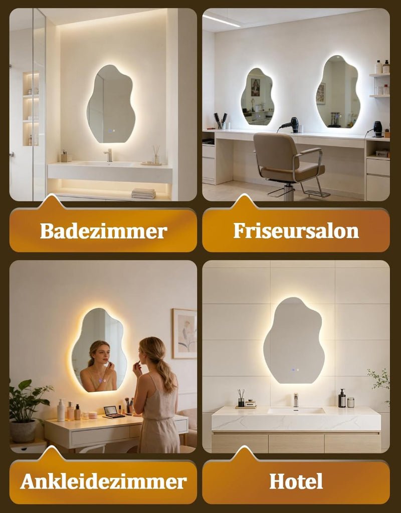 Asymmetrisch Badspiegel Mit Beleuchtung,LED Bad Wand Spiegel Badezimmer Wandspiegel Mit Licht, IP44 50x70 cm Asymmetrischer Organischer Groß Gäste WC Badezimmerspiegel Mit Beleuchteter - Homefire