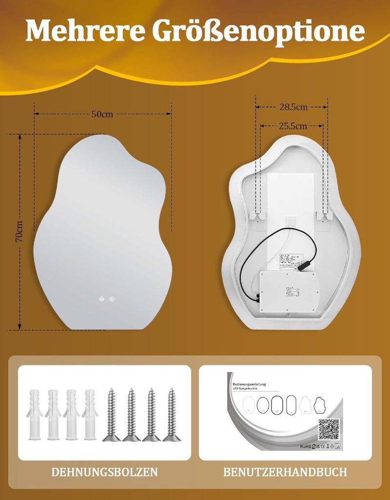 Asymmetrisch Badspiegel Mit Beleuchtung,LED Bad Wand Spiegel Badezimmer Wandspiegel Mit Licht, IP44 50x70 cm Asymmetrischer Organischer Groß Gäste WC Badezimmerspiegel Mit Beleuchteter - Homefire