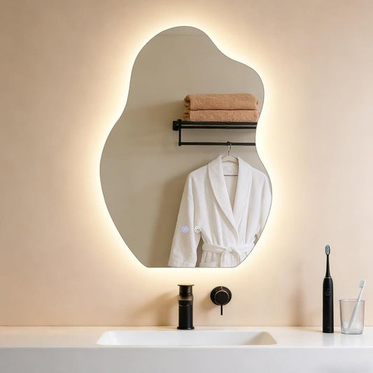 Asymmetrisch Badspiegel Mit Beleuchtung,LED Bad Wand Spiegel Badezimmer Wandspiegel Mit Licht, IP44 50x70 cm Asymmetrischer Organischer Groß Gäste WC Badezimmerspiegel Mit Beleuchteter - Homefire