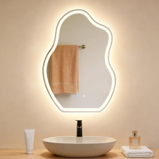 Asymmetrisch Badspiegel Mit Beleuchtung,LED Bad Wand Spiegel Badezimmer Wandspiegel Mit Licht, IP44 50x70 cm Asymmetrischer Organischer Groß Gäste WC Badezimmerspiegel Mit Beleuchtet - Homefire