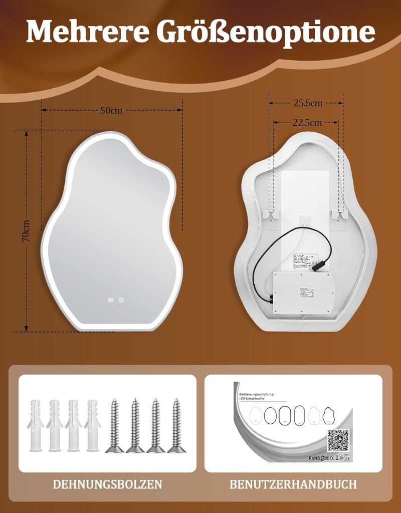 Asymmetrisch Badspiegel Mit Beleuchtung,LED Bad Wand Spiegel Badezimmer Wandspiegel Mit Licht, IP44 50x70 cm Asymmetrischer Organischer Groß Gäste WC Badezimmerspiegel Mit Beleuchtet - Homefire