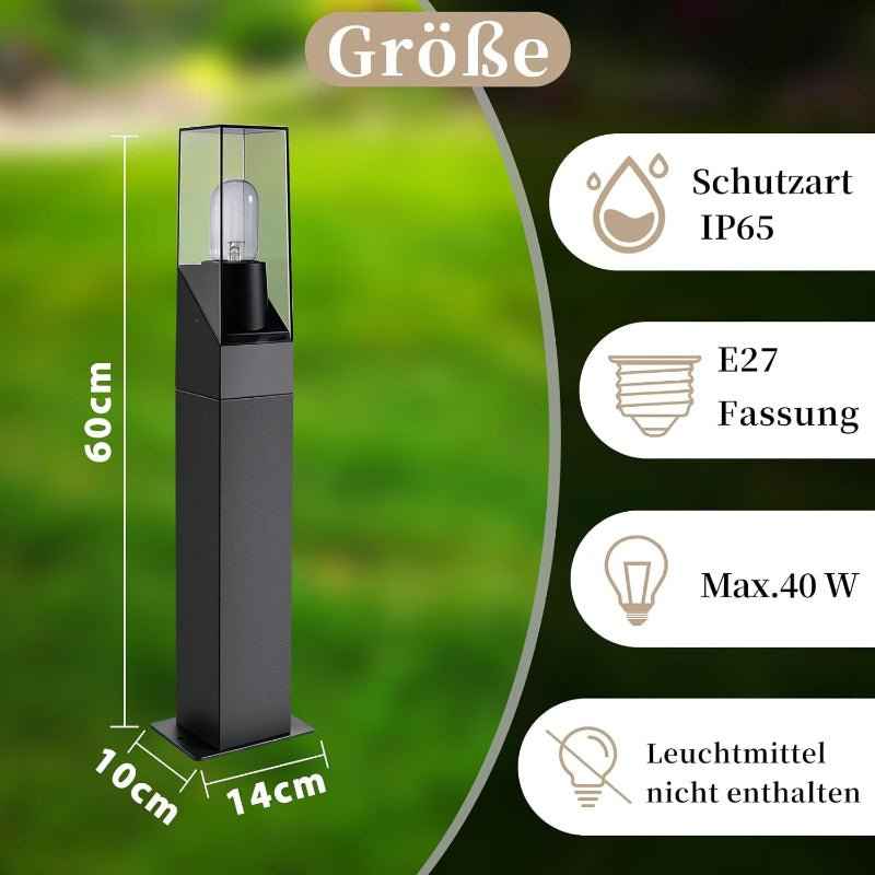 Glitzerlife Außen Wegeleuchte LED Pollerleuchte - Wegelampe E27 IP65 Wetterfest 60cm Schwarz Wegelicht Außenlampe Stehend Gartenbeleuchtung Gartenleuchte Outdoor für Garten Rasen Hof Weg MAX.40W - Homefire