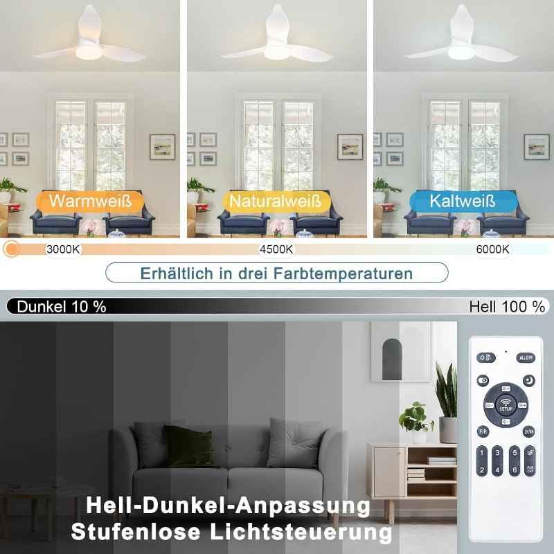 Glitzerlife Deckenventilator mit Beleuchtung Leise Weiß - 3 Flügel Deckenlampe mit Ventilator 95cm 34W LED Licht Fernbedienung 6 Geschwindigkeiten Timer Dimmbarer Schlafzimmer Wohnzimmer DC-Motor - Homefire
