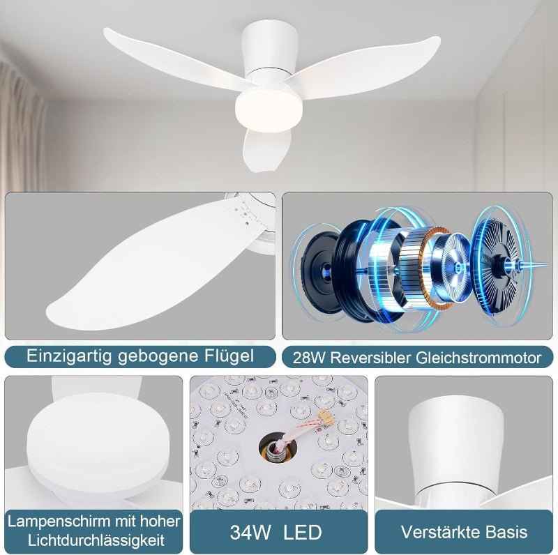 Glitzerlife Deckenventilator mit Beleuchtung Leise Weiß - 3 Flügel Deckenlampe mit Ventilator 95cm 34W LED Licht Fernbedienung 6 Geschwindigkeiten Timer Dimmbarer Schlafzimmer Wohnzimmer DC-Motor - Homefire