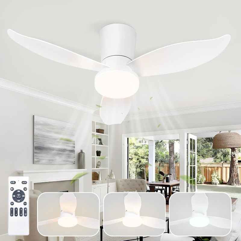 Glitzerlife Deckenventilator mit Beleuchtung Leise Weiß - 3 Flügel Deckenlampe mit Ventilator 95cm 34W LED Licht Fernbedienung 6 Geschwindigkeiten Timer Dimmbarer Schlafzimmer Wohnzimmer DC-Motor - Homefire