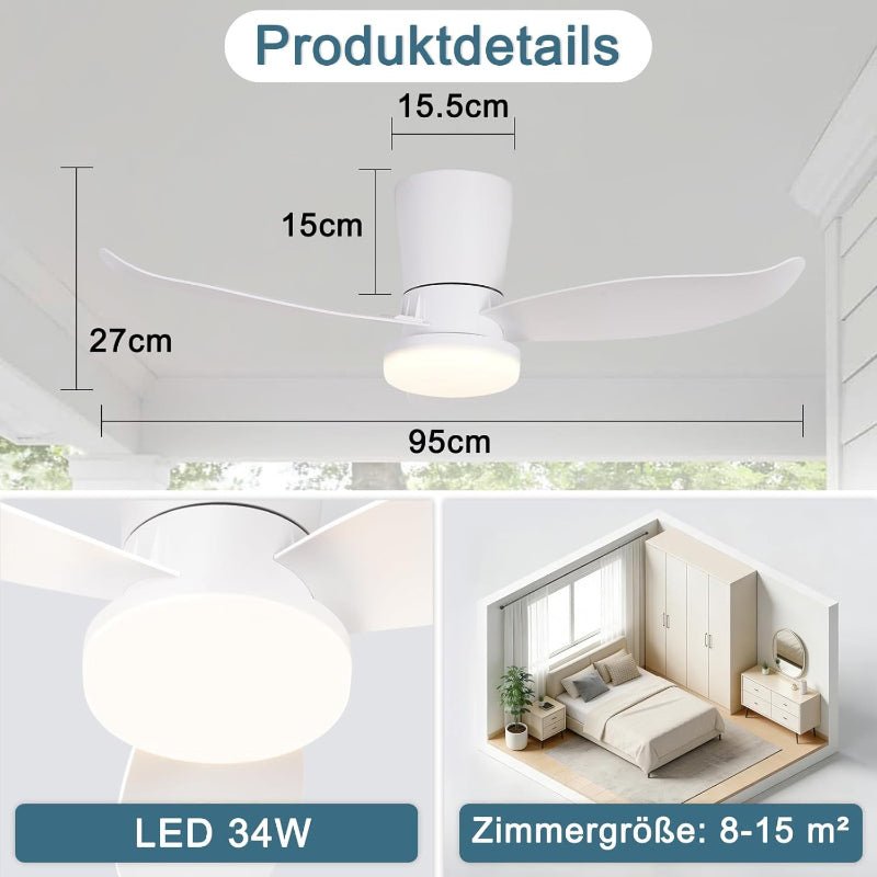 Homefire Deckenventilator mit Beleuchtung Leise Weiß - 3 Flügel Deckenlampe mit Ventilator 95cm 34W LED Licht Fernbedienung 6 Geschwindigkeiten Timer Dimmbarer Schlafzimmer Wohnzimmer DC-Motor - Homefire