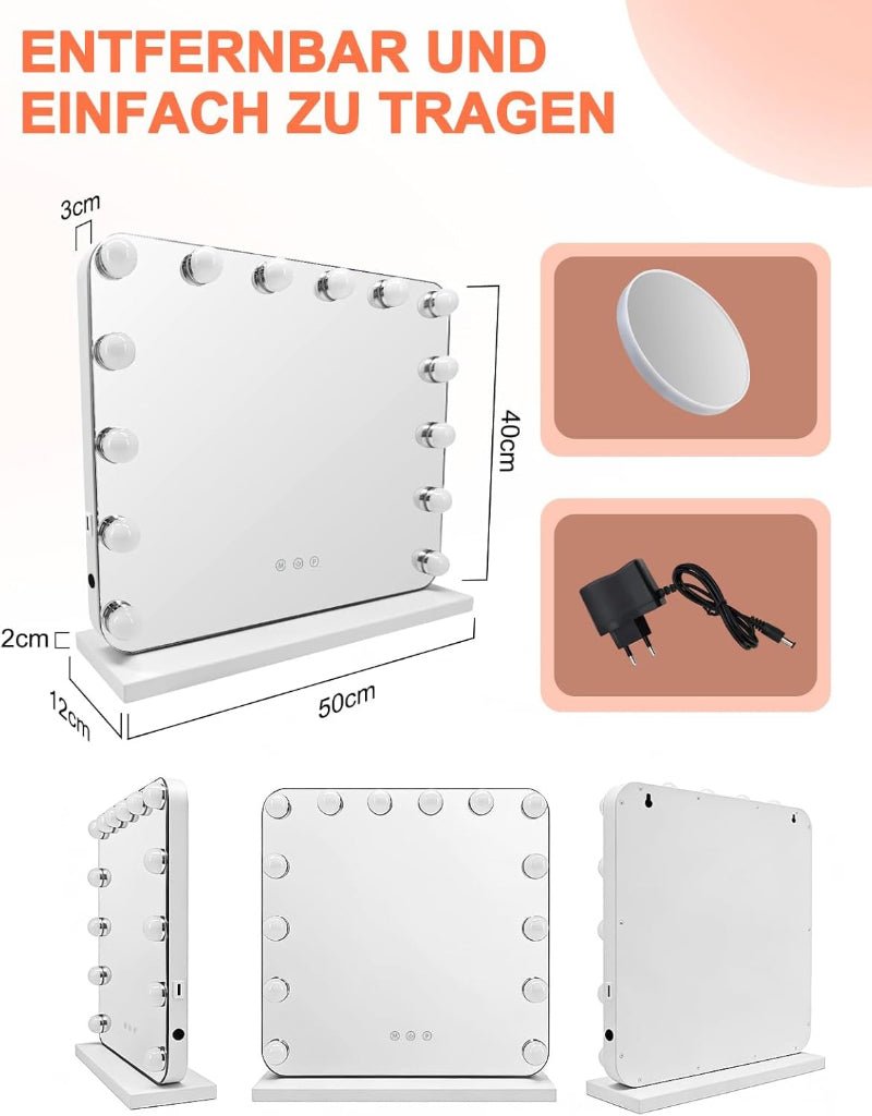 Hollywood Schminkspiegel Spiegel mit Beleuchtung - 50×40CM LED Vanity Mirror Klein Kosmetikspiegel mit Licht Tischspiegel 3 Modi Schminktischspiegel Touch Dimmbar - Homefire