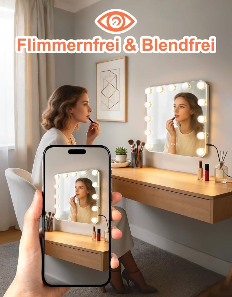 Hollywood Schminkspiegel Spiegel mit Beleuchtung - 50×40CM LED Vanity Mirror Klein Kosmetikspiegel mit Licht Tischspiegel 3 Modi Schminktischspiegel Touch Dimmbar - Homefire