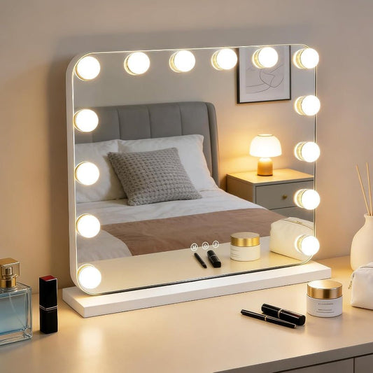 Hollywood Schminkspiegel Spiegel mit Beleuchtung - 50×40CM LED Vanity Mirror Klein Kosmetikspiegel mit Licht Tischspiegel 3 Modi Schminktischspiegel Touch Dimmbar - Homefire