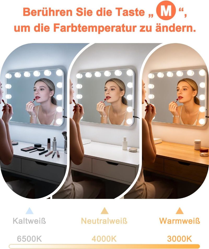 Hollywood Schminkspiegel Spiegel mit Beleuchtung - 50×40CM LED Vanity Mirror Klein Kosmetikspiegel mit Licht Tischspiegel 3 Modi Schminktischspiegel Touch Dimmbar - Homefire