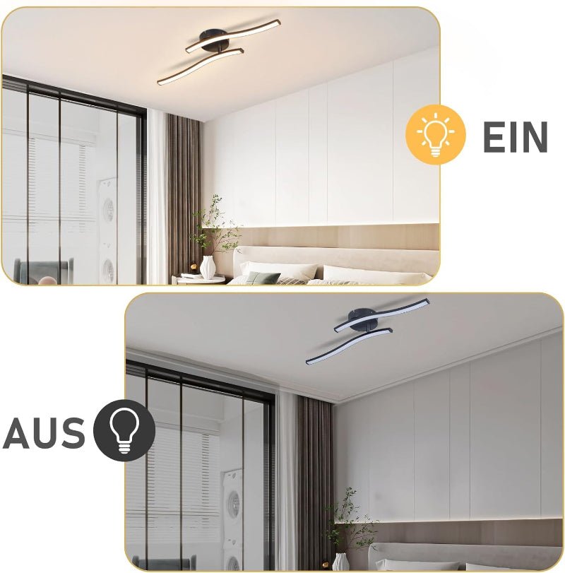 Homefire 2ER Deckenlampe Wohnzimmer LED Deckenleuchte Schlafzimmer: Modern Schlafzimmerlampe Schwarz 12W Wohnzimmerlampe 3000K Wellen Design Küchenlampe Innen Warmweiß Deckenbeleuchtung für Flur Küche [Energieklasse F] - Homefire