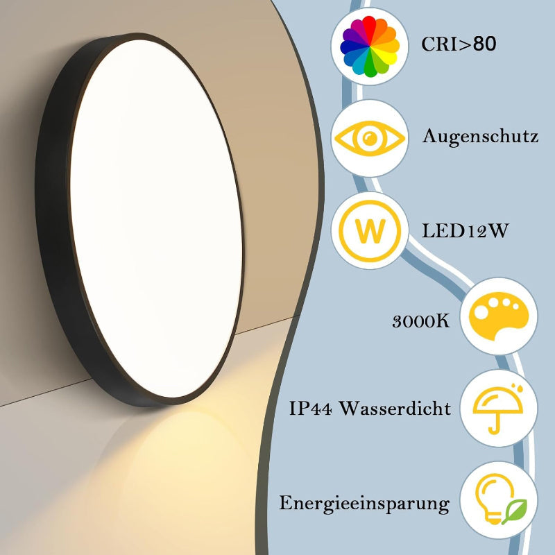 Homefire Deckenlampe LED Deckenleuchte Badezimmer - 21CM Schwarz Flurlampe Decke 12W Rund Küchenlampe IP44 Wasserfest Badlampe 3000K Warmweiß Modern Schlafzimmerlampe für Flur Küche Bad Balkon [Energieklasse F] - Homefire
