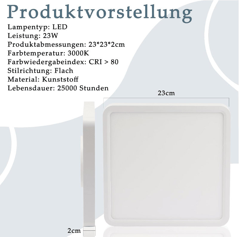 Homefire Deckenlampe LED Deckenleuchte Flach - Schlafzimmerlampe Warmweiß Küchenlampe Eckig 23cm Schlafzimmer Badezimmer Deckenbeleuchtung Badezimmerlampe IP44 Badlampe 23W Flurlampe für Küche Flur Bad [Energieklasse E] - Homefire