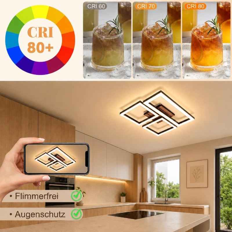 Homefire Deckenlampe LED Deckenleuchte Flur - 21W Küchenlampe Schwarz Modern Design 37CM Flurlampe 3000K Warmweiß Eckig Küche Schlafzimmerlampe in Holzoptik Wohnzimmerlampe für Wohnzimmer Schlafzimmer - Homefire