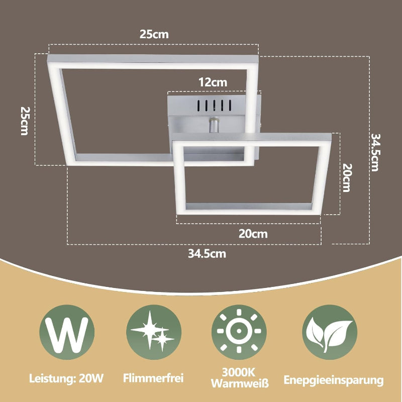Homefire Deckenlampe LED Deckenleuchte Küche - 20W Küchenlame 3000K Warmweiß Schlafzimmerlampe Silber Drehbar Modern Design Flurlampe Eckig Deckenleuchten für Schlafzimmer Flur Esszimmer - Homefire