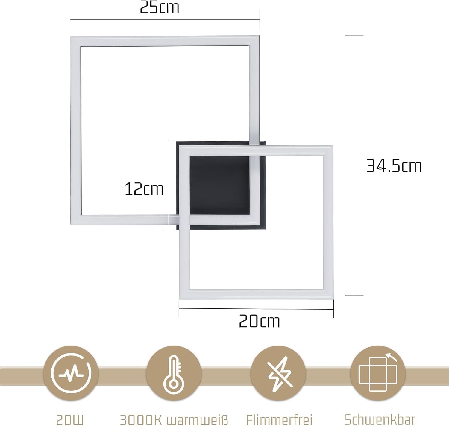 Homefire Deckenlampe LED Deckenleuchte Küche - 20W Schlafzimmerlampe Warmweiß 3000K Küchenlampe Drehbare Modern Design Schwarz Flurlampe Eckig Deckenbeleuchtung für Schlafzimmer Wohnzimmer Büro - Homefire