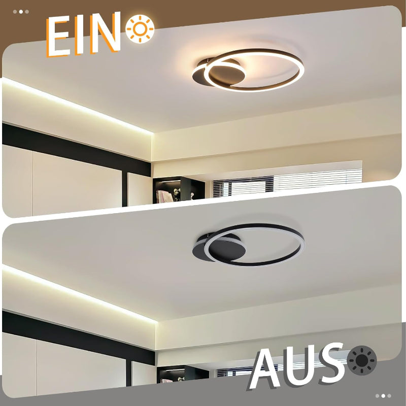 Homefire Deckenlampe LED Deckenleuchte Küche - 24W Küchenlampe Schwarz Modern 2-Ringe Design Flurlampe 3000K Warmweiß Schlafzimmer Metall Deckenleuchten für Büro Esszimmer Wohnzimmer [Energieklasse F] - Homefire