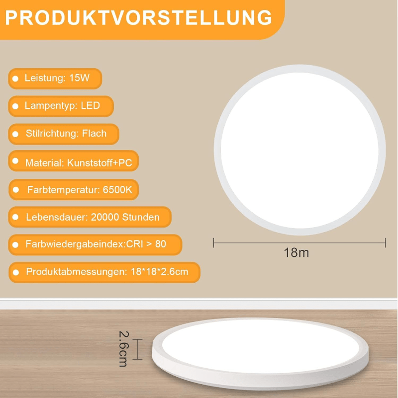 Homefire Deckenlampe LED Deckenleuchte Küche - Ø18cm Badezimmerlampe Flach 15W Rhombenplatte Küchenlampe Rund 6500K Augenschutz Flurlampe Ultra Dünn 2.6CM Kaltweiß Badezimmer Badlampe für Flur Bad - Homefire
