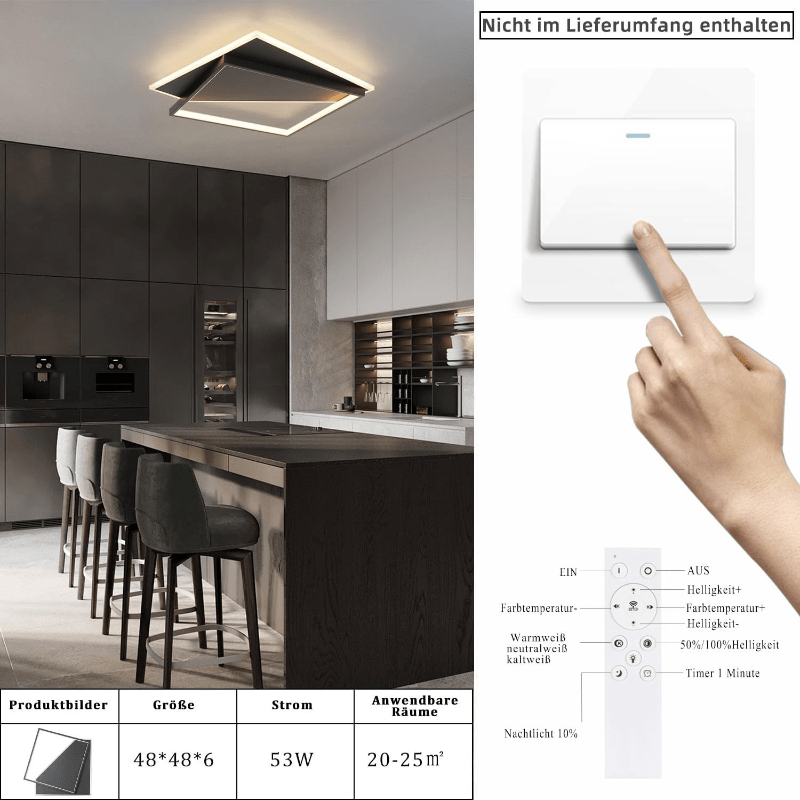 Homefire Deckenlampe LED Deckenleuchte Modern - 53W Kleine Wohnzimmerlampe Dimmbar mit Fernbedienung Schwarz Schlafzimmerlampe aus Arcyl moderne Deckenbeleuchtung für Schlafzimmer Küche Flur Büro - Homefire