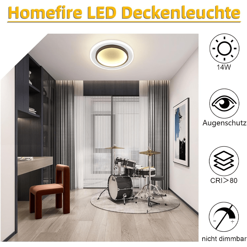 Homefire Deckenlampe LED Deckenleuchte Schlafzimmer - 14W Flurlampe 3000K Warmweiß Schlafzimmerlampe Modern Design Wohnzimmerlampe Ø23.5cm Küchenlampe Flur Deckenbeleuchtung für Küche Wohnzimmer [Energieklasse F] - Homefire