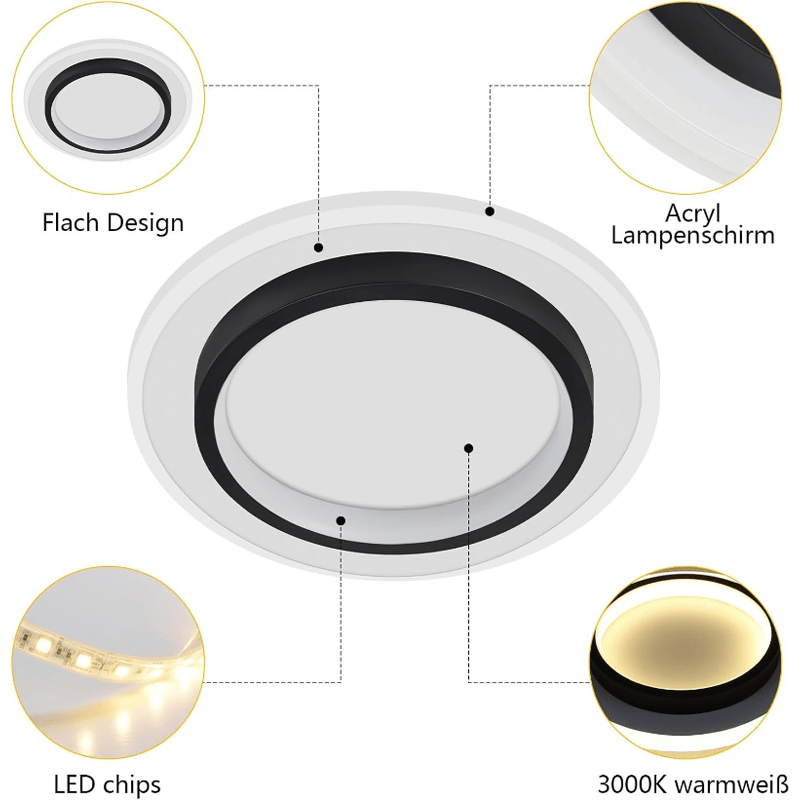 Homefire Deckenlampe LED Deckenleuchte Schlafzimmer - 14W Flurlampe 3000K Warmweiß Schlafzimmerlampe Modern Design Wohnzimmerlampe Ø23.5cm Küchenlampe Flur Deckenbeleuchtung für Küche Wohnzimmer [Energieklasse F] - Homefire