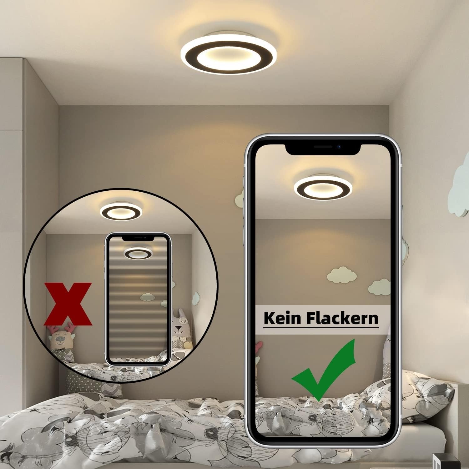 Homefire Deckenlampe LED Deckenleuchte Schlafzimmer - 20W Modern Flurlampe Schwarz Schlafzimmerlampe Warmweiß Deckenbeleuchtung Küchenlampe Rund für Küche Flur Wohnzimmer Kinderzimmer [Energieklasse F] - Homefire
