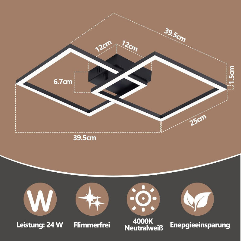 Homefire Deckenlampe LED Deckenleuchte Schlafzimmer - 24W Schwarz Wohnzimmerlampe 4000K Neutralweiß Küchenlampe Drehbar Modern Design Schlafzimmerlampe Eckig Deckenleuchten für Küche Flur Büro - Homefire