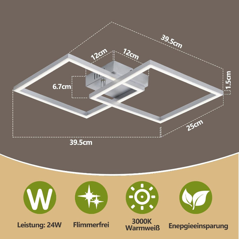 Homefire Deckenlampe LED Deckenleuchte Schlafzimmer - 24W Wohnzimmerlampe 3000K Warmweiß Küchenlampe Silber Drehbar Modern Design Schlafzimmerlampe Eckig Deckenleuchten für Küche Flur Wohnzimmer - Homefire
