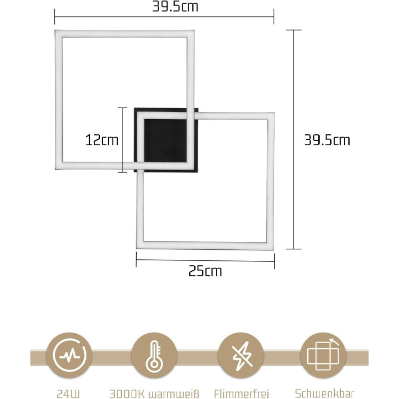 Homefire Deckenlampe LED Deckenleuchte Schlafzimmer - 24W Wohnzimmerlampe Warmweiß Küchenlampe Modern Esszimmerlampe Schwarz Eckig Deckenleuchten für Wohnzimmer Kinderzimmer [Energieklasse F] - Homefire