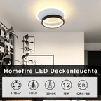 Homefire Deckenlampe LED Deckenleuchte Wohnzimmer - 12W Küchenlampe 3000K Warmweiß Schlafzimmerlampe Modern Design Flurlampe Decke Wohnzimmerlampe Schwarz Rund für Küche Schlafzimmer Flur Ø24.5cm [Energieklasse G] - Homefire