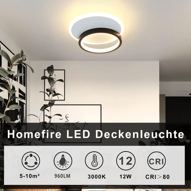 Homefire Deckenlampe LED Deckenleuchte Wohnzimmer - 12W Küchenlampe 3000K Warmweiß Schlafzimmerlampe Modern Design Flurlampe Decke Wohnzimmerlampe Schwarz Rund für Küche Schlafzimmer Flur Ø24.5cm [Energieklasse G] - Homefire
