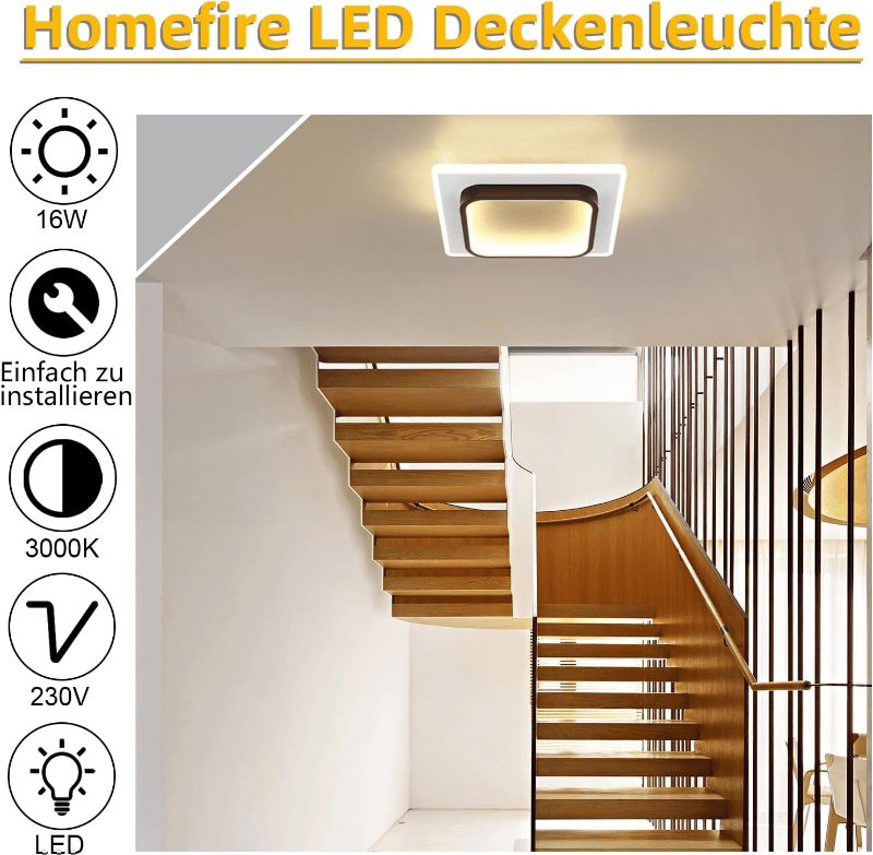 Homefire Deckenlampe LED Deckenleuchte Wohnzimmer - 16W Küchenlampe Warmweiß Schlafzimmerlampe Modern Wohnzimmerlampe Schwarz Flur Deckenbeleuchtung Klein Flurlampe Ø23.5cm für Küche Schlafzimmer [Energieklasse F] - Homefire