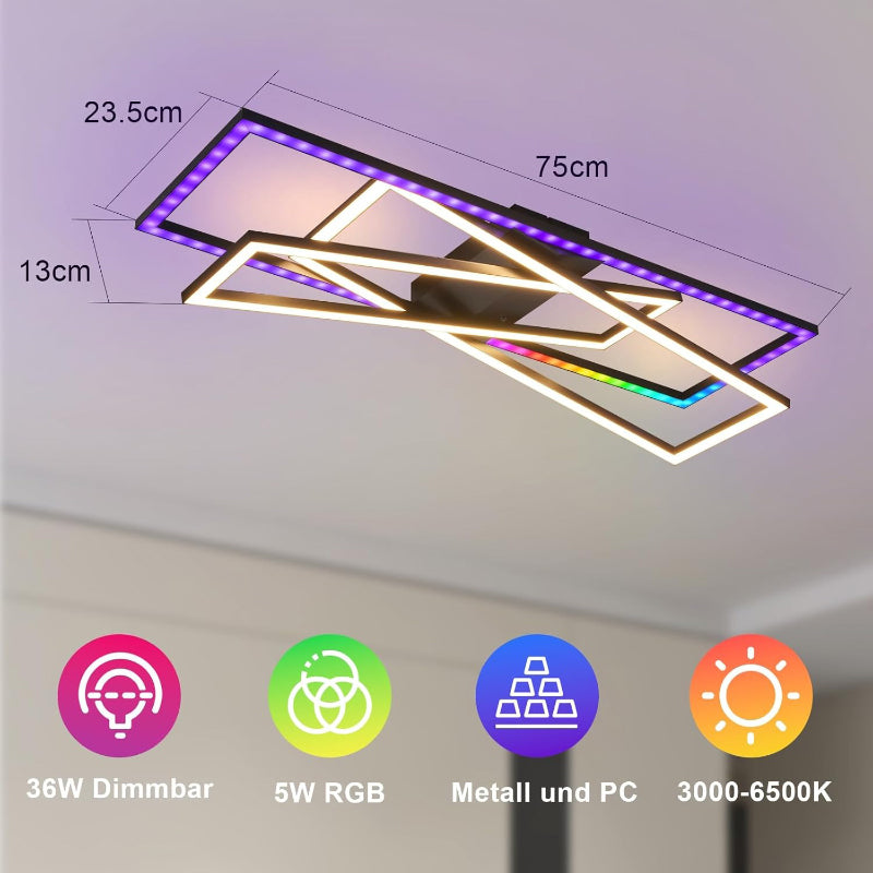 Homefire Deckenlampe LED Deckenleuchte Wohnzimmer - 36W Schwarz Dimmbar Schlafzimmerlampe RGB Farbwechsel Modern Wohnzimmerlampe mit Fernbedienung Flur Deckenleuchten Rechteckig für Küche Büro - Homefire