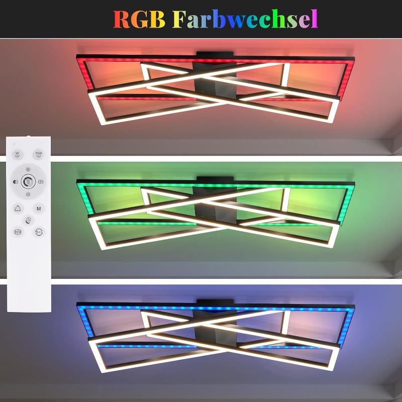 Homefire Deckenlampe LED Deckenleuchte Wohnzimmer - 36W Schwarz Dimmbar Schlafzimmerlampe RGB Farbwechsel Modern Wohnzimmerlampe mit Fernbedienung Flur Deckenleuchten Rechteckig für Küche Büro - Homefire