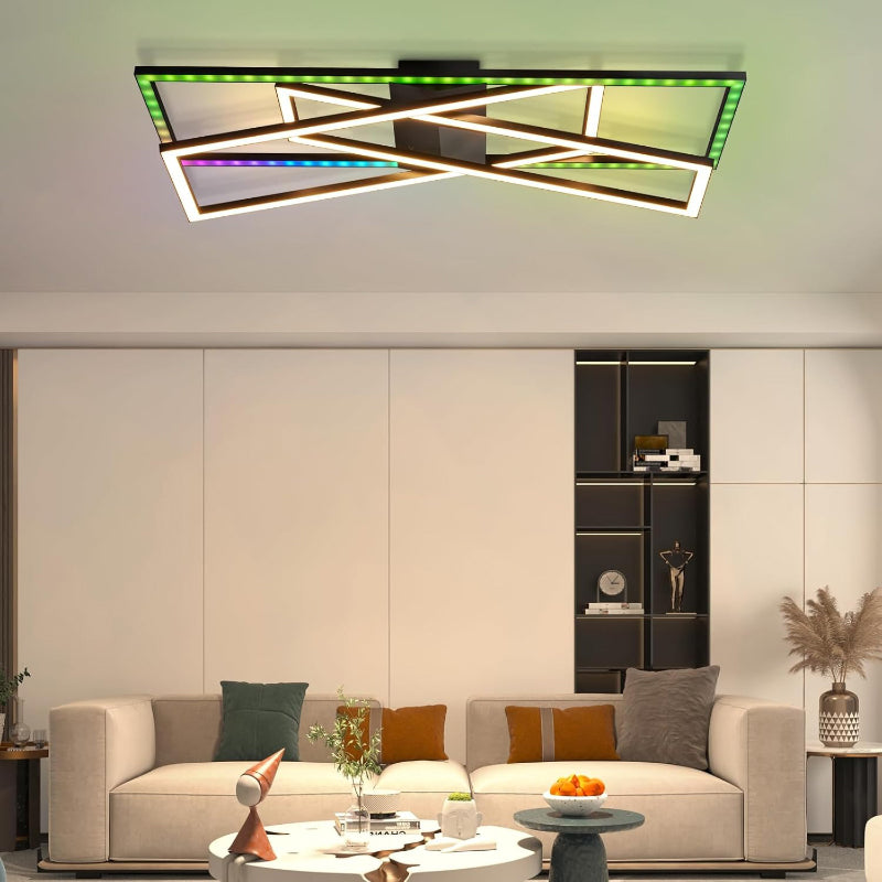 Homefire Deckenlampe LED Deckenleuchte Wohnzimmer - 36W Schwarz Dimmbar Schlafzimmerlampe RGB Farbwechsel Modern Wohnzimmerlampe mit Fernbedienung Flur Deckenleuchten Rechteckig für Küche Büro - Homefire