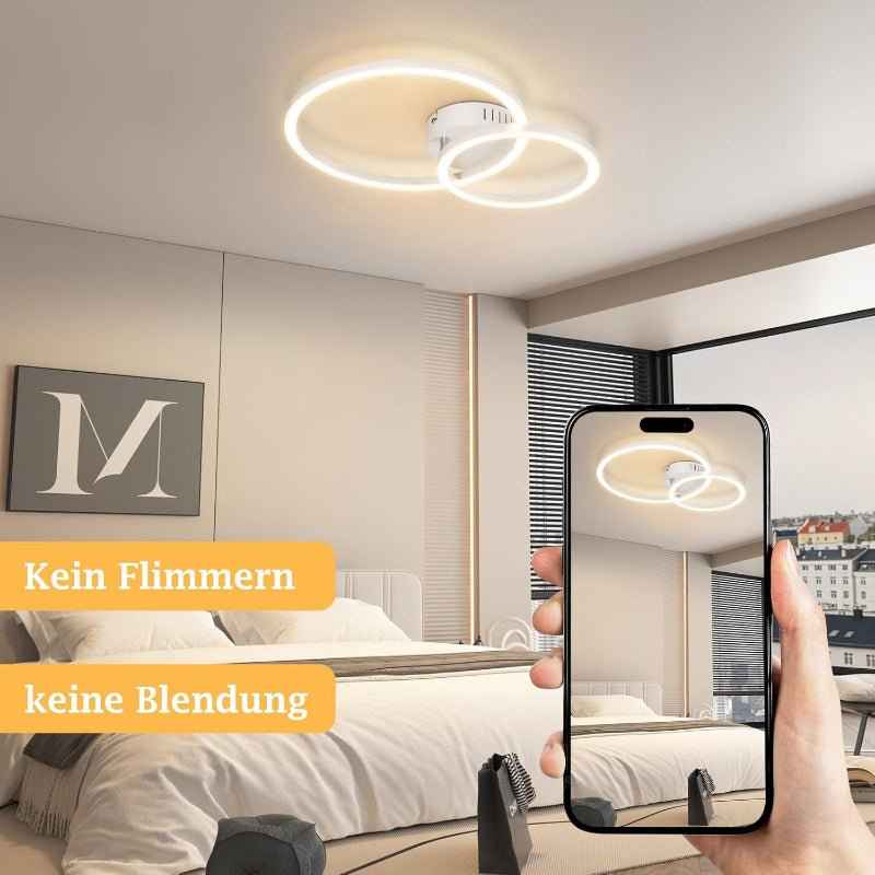 Homefire Deckenlampe LED Deckenleuchte Wohnzimmer 40cm - 23W Weiß Küchenlampe 3000K Warmweiß Wohnzimmerlampe Modern Schlafzimmerlampe 2-Ringe Design Deckenbeleuchtung für Küche Schlafzimmer Flur Büro - Homefire