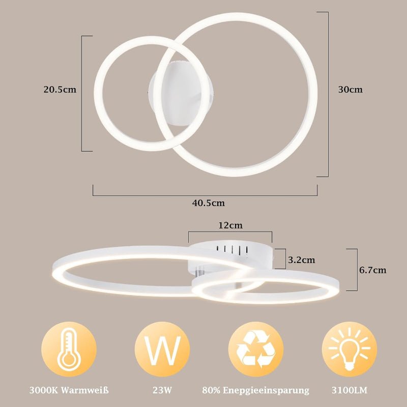 Homefire Deckenlampe LED Deckenleuchte Wohnzimmer 40cm - 23W Weiß Küchenlampe 3000K Warmweiß Wohnzimmerlampe Modern Schlafzimmerlampe 2-Ringe Design Deckenbeleuchtung für Küche Schlafzimmer Flur Büro - Homefire