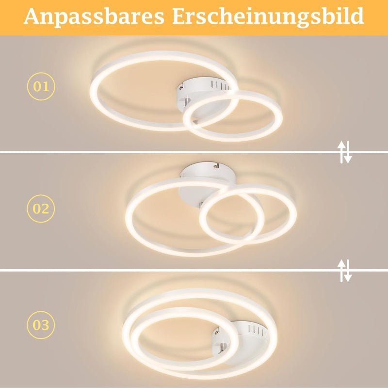 Homefire Deckenlampe LED Deckenleuchte Wohnzimmer 40cm - 23W Weiß Küchenlampe 3000K Warmweiß Wohnzimmerlampe Modern Schlafzimmerlampe 2-Ringe Design Deckenbeleuchtung für Küche Schlafzimmer Flur Büro - Homefire