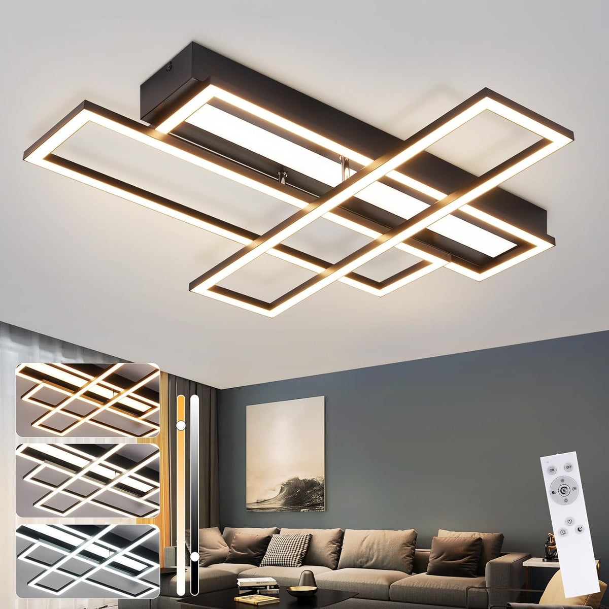 Homefire Deckenlampe LED Deckenleuchte Wohnzimmer - 54W Schwarz Dimmbar Schlafzimmerlampe Modern Design Küchenlampe mit Fernbedienung Wohnzimmerlampe Flur Rechteckig Deckenleuchten für Küche Esszimmer - Homefire