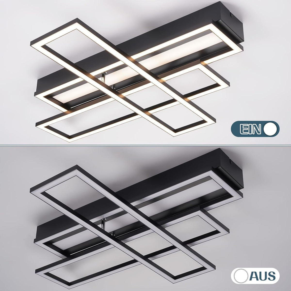 Homefire Deckenlampe LED Deckenleuchte Wohnzimmer - 54W Schwarz Dimmbar Schlafzimmerlampe Modern Design Küchenlampe mit Fernbedienung Wohnzimmerlampe Flur Rechteckig Deckenleuchten für Küche Esszimmer - Homefire