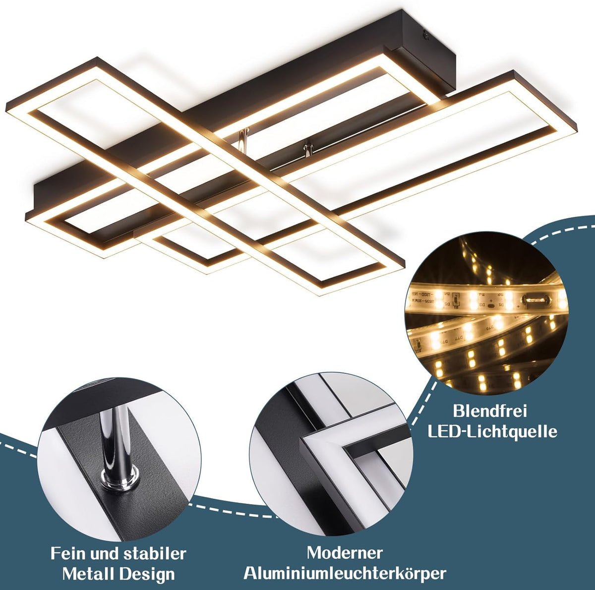 Homefire Deckenlampe LED Deckenleuchte Wohnzimmer - 54W Schwarz Dimmbar Schlafzimmerlampe Modern Design Küchenlampe mit Fernbedienung Wohnzimmerlampe Flur Rechteckig Deckenleuchten für Küche Esszimmer - Homefire