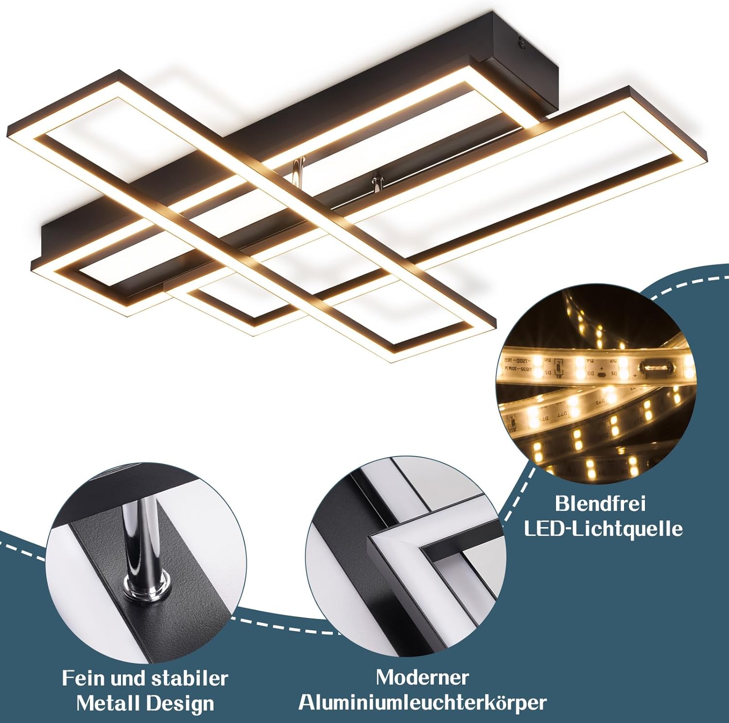 Homefire Deckenlampe LED Deckenleuchte Wohnzimmer - 54W Schwarz Dimmbar Schlafzimmerlampe Modern Design Küchenlampe mit Fernbedienung Wohnzimmerlampe Flur Rechteckig Deckenleuchten für Küche Esszimmer - Homefire