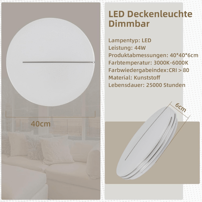 Homefire Deckenlampe LED Deckenleuchte Wohnzimmer - Ø40cm Wohnzimmerlampe Dimmbar mit Fernbedienung 44W Schlafzimmerlampe Sternenhimmel Modern Schlafzimmer Deckenbeleuchtung Rund für Küche Flur [Energieklasse F] - Homefire