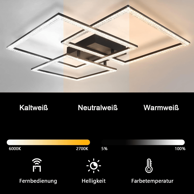 Homefire Deckenlampe LED Deckenleuchte Wohnzimmer: Schwarz Wohnzimmerlampe 75CM Dimmbar Modern Kristall Schlafzimmerlampe Design Innen Lampe mit Fernbedienung für Schlafzimmer Büro Küche [Energieklasse G] - Homefire