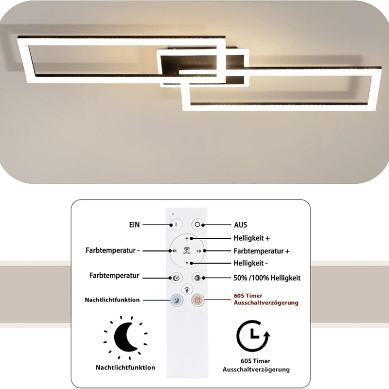 Homefire Deckenlampe LED Deckenleuchte Wohnzimmer - Wohnzimmerlampe Dimmbar Schlafzimmerlampe Modern Design Küchenlampe 56W Schwarz Deckenbeleuchtung mit Fernbedienung für Schlafzimmer Küche Büro [Energieklasse E] - Homefire